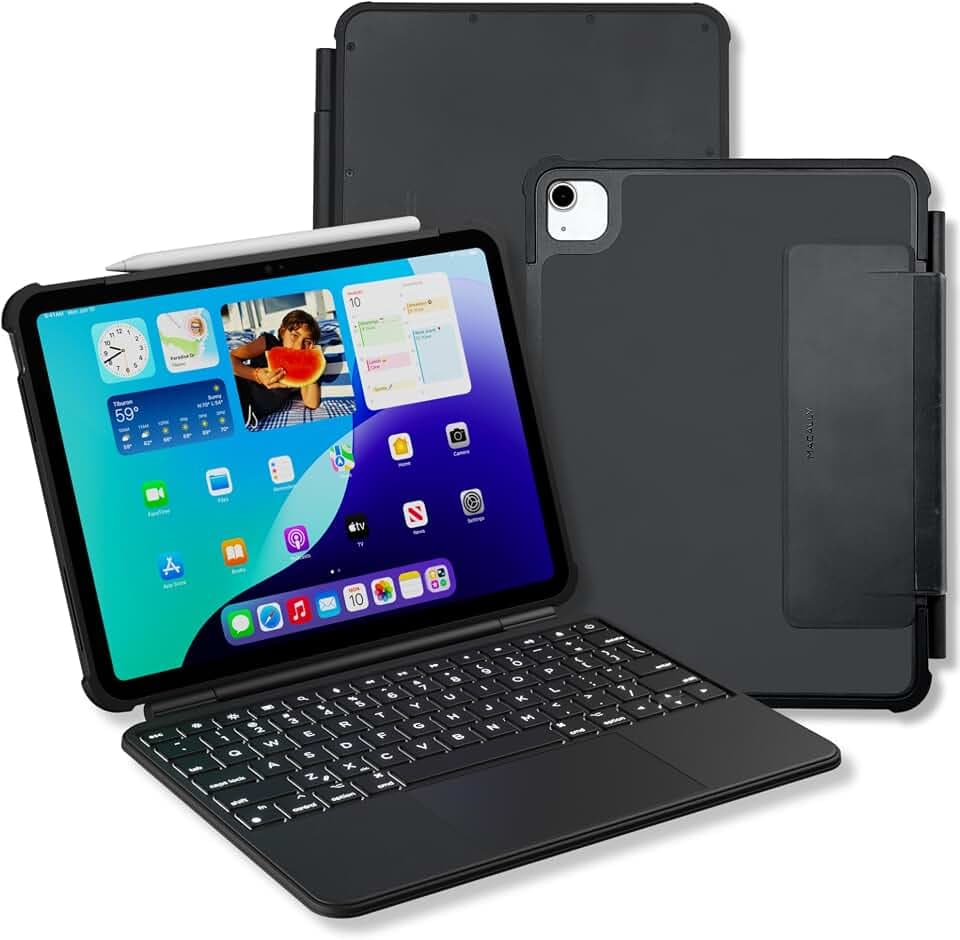 Macally Rugged Keyboard Case for iPad 11th Gen (A16) & 10th Gen (A14) - Military-Grade Protection, Large Trackpad, Backlit, Detachable, Rechargeable - 11 Inch iPad 10th Generation Case with Keyboard