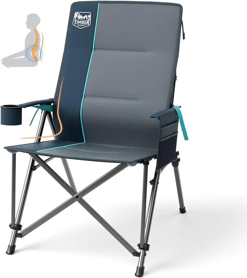 TIMBER RIDGE Oversized Camping Chair with Lumbar Support, Portable Folding Chair Heavy Duty for Adults Supports 450 LBS for Outdoor Camping Lawn, with High Back, Cup Holder, Side Pocket, Blue