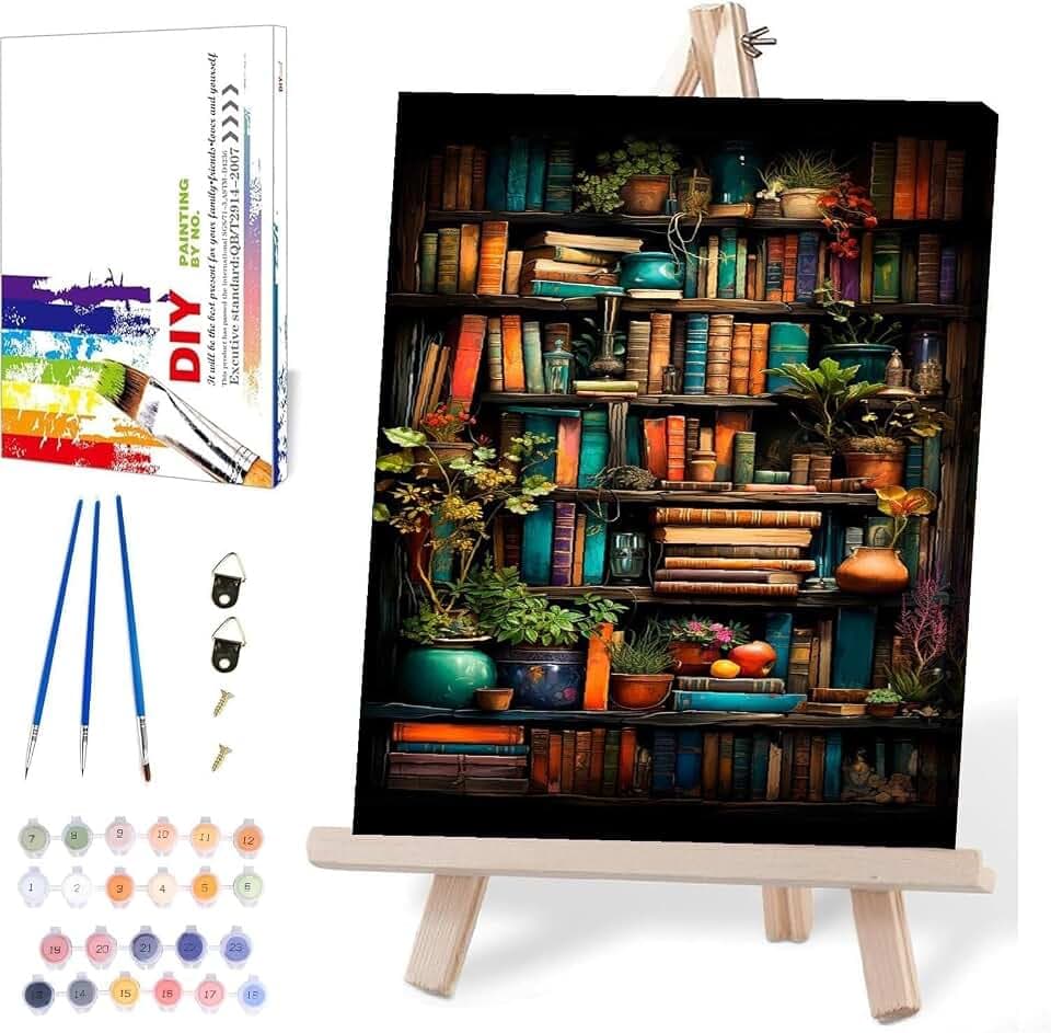 Bookshelf Paint by Numbers for Adults with Framed Canvas-with Wooden Easel,Paint by Numbers Kits Framed Canvas,DIY Acrylic Oil Painting Kits with Brushes Nice Gift Box for Home Wall Decor(12x16 Inch)