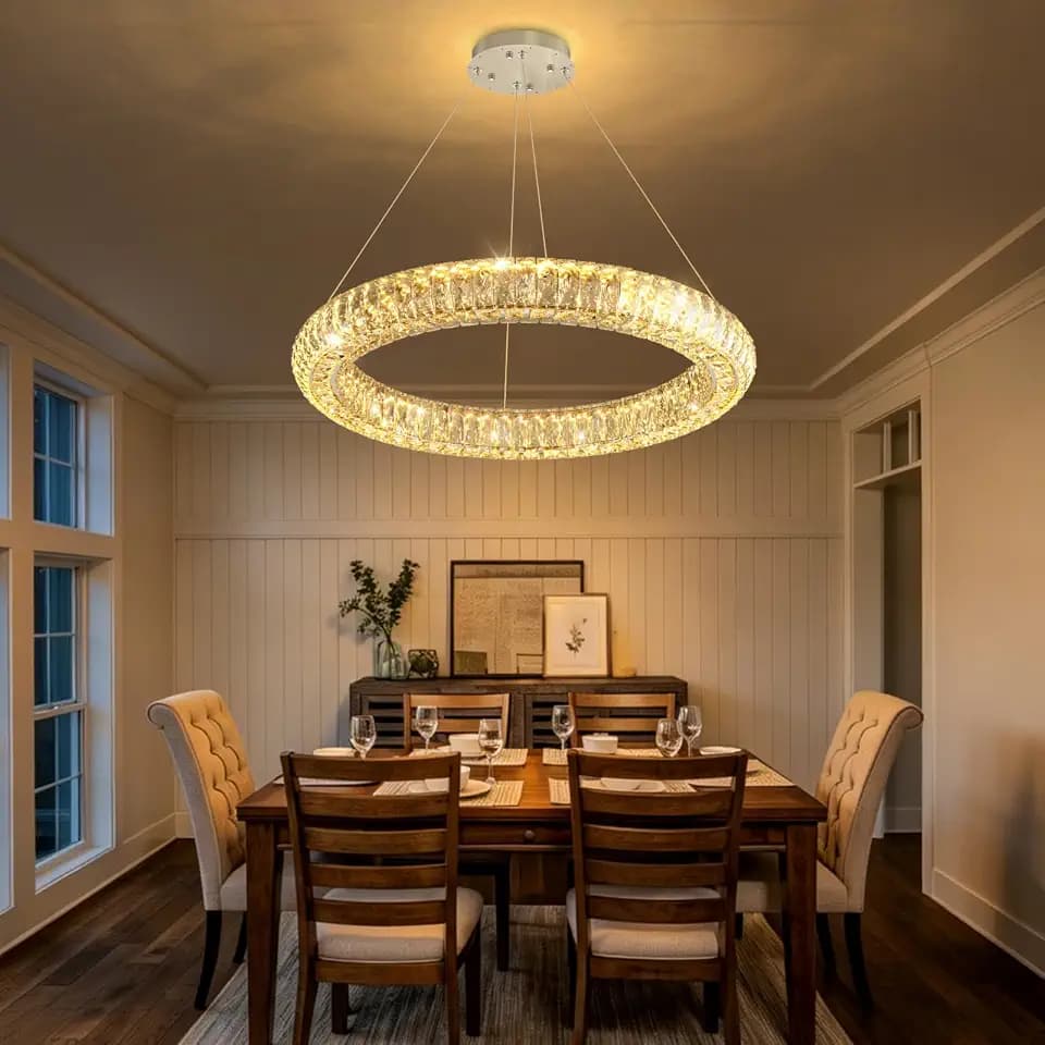 1 Ring Modern Crystal Chandelier Dimmable Ring Pendant Light Round Crystal Chandeliers for Living Room Dining Room Bedroom 23.6" Silver