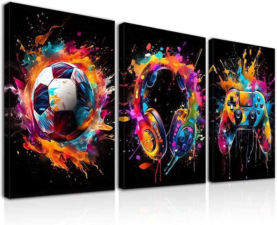 Dazzlewall 3Pcs Gerahmt Graffiti Jungen Zimmer Wandkunst, Bunte Fußball Kopfhörer Gamepad Bilder für Schlafzimmer Teenager Spielzimmer Junge Schlafsaal Wohnkultur 12x16 zoll