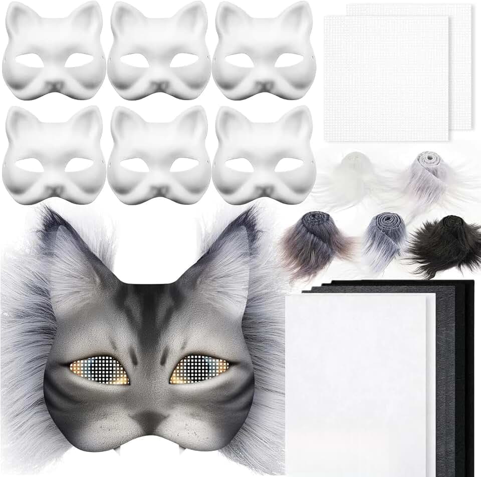 Therian Mask DIY Set, 6 Stück DIY Papier Therian Maske mit Kunstpelz, Augennetz und Filztuch, Leere Halbe Gesichts Katzenmasken zum Basteln für Halloween Maskerade, Maskenball, Cosplay