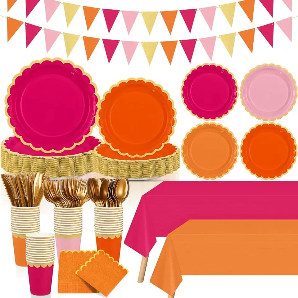 Mimorou 342 Pcs Pink and Orange Plates and Napkins Party Supplies