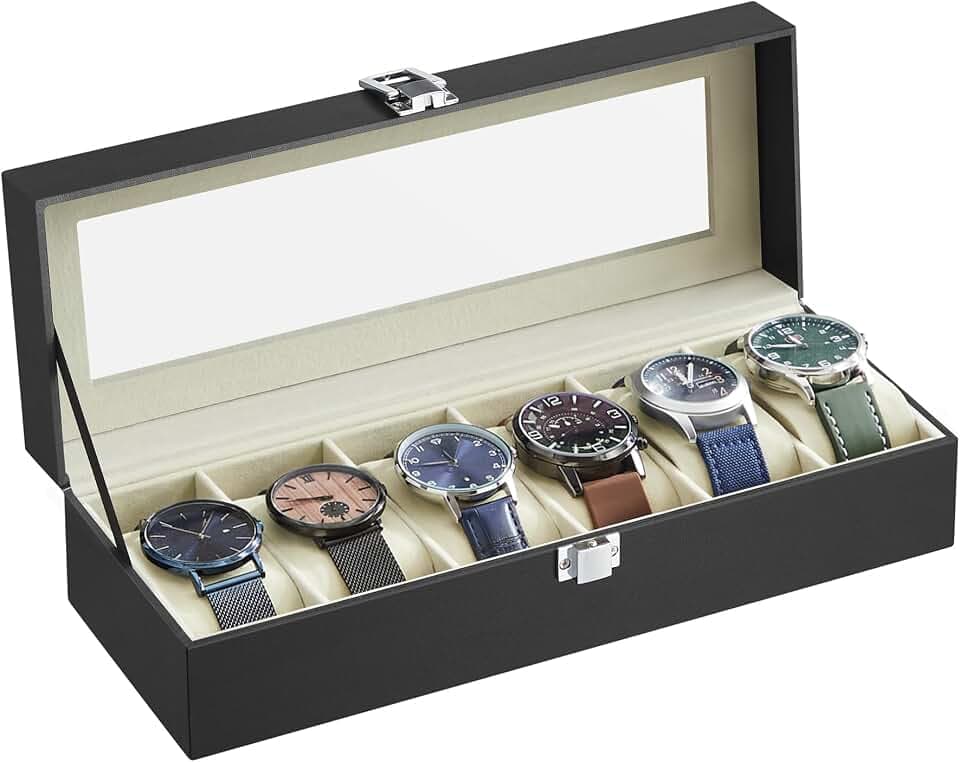 SONGMICS Uhrenbox mit 6 Fächern, Glasdeckel, herausnehmbare Uhrenkissen