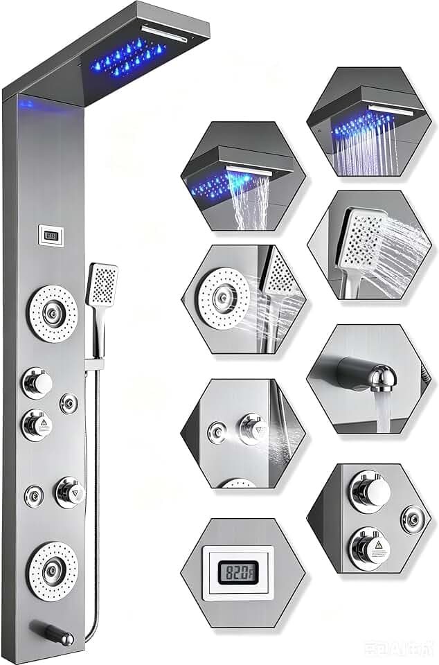 ELLO&ALLO Stainless Steel Shower Panel Tower System,LED Rainfall Waterfall Shower Head 6-Function Faucet Rain Massage System with Body Jets, Brushed Nickel