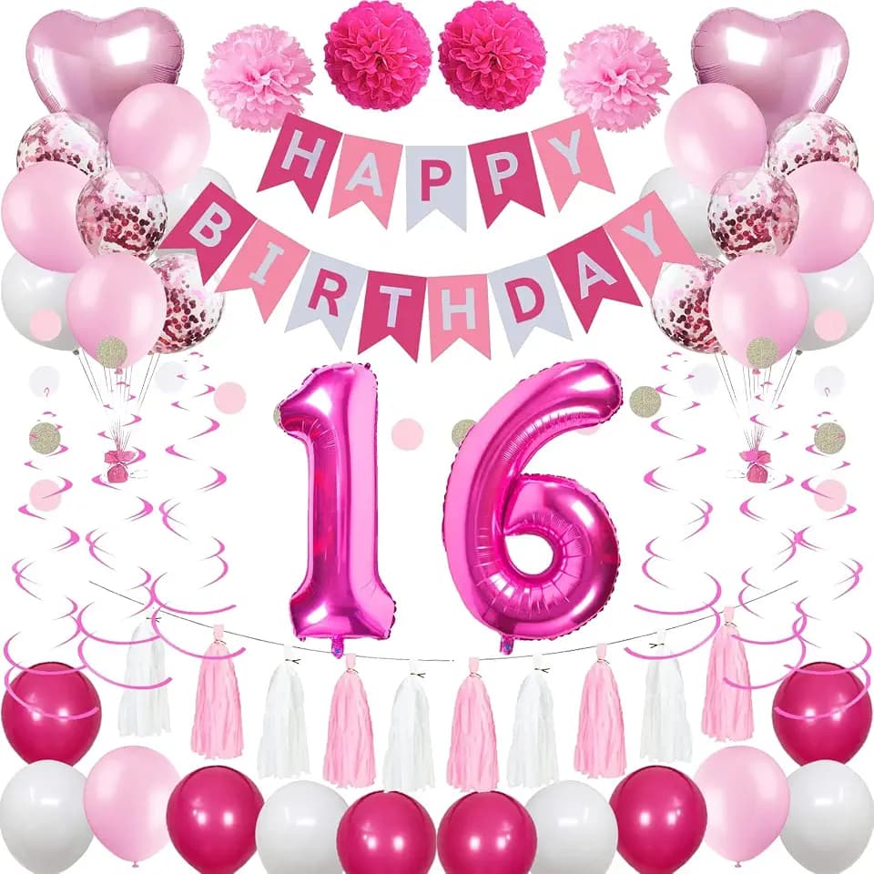 Sweet 16th Birthday Decorations for Girls, Pink and White 16 Happy Birthday Balloons, 16th Birthday Party Supplies Including Pink Happy Birthday Banner, Hot Pink Number 16 Foil Balloons