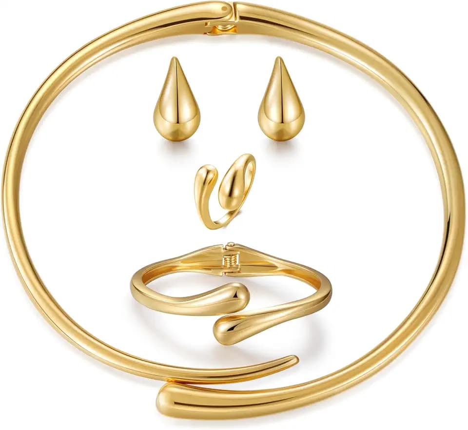 4 Pcs Chunky Gold Jewelry Set for Women, 14K Gold Plated Cuff Choker Collar Necklace, Teardrop Drop Earrings, Teardrop Wrap Ring, Hinged Cuff Bangle Bracelets, Statement Fashion Jewelry