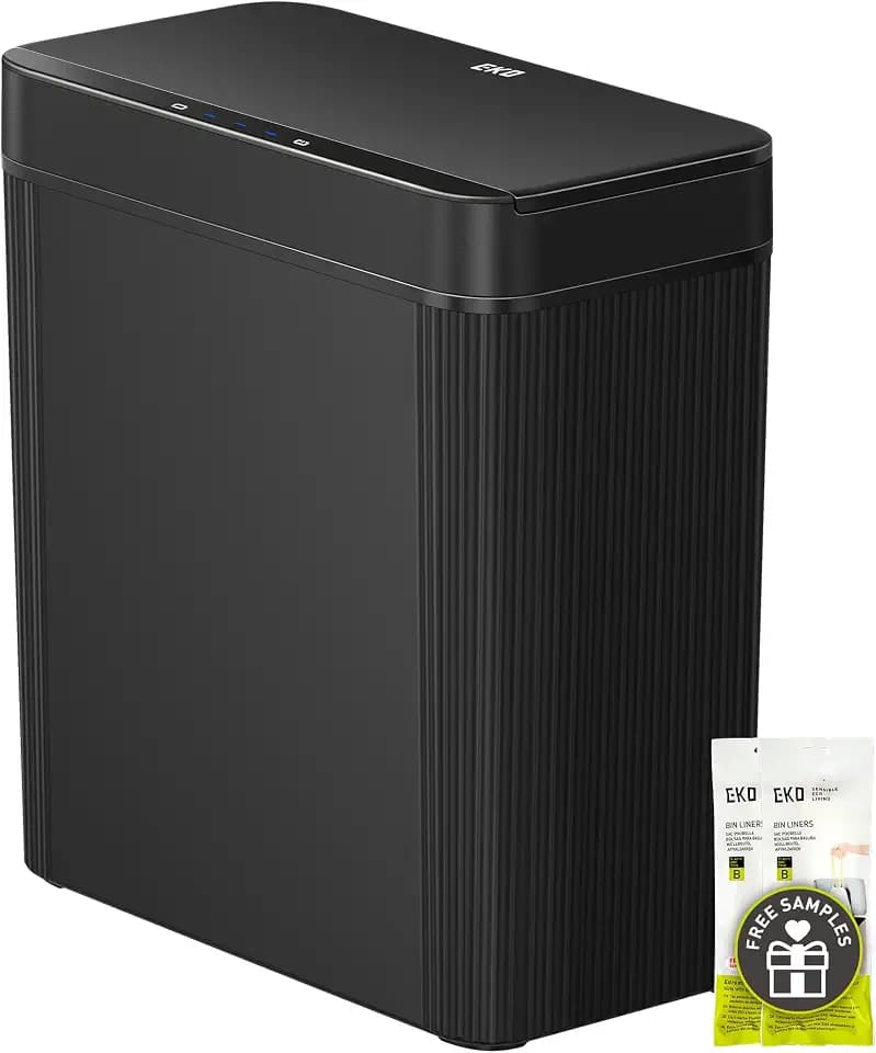 EKO Badezimmer Mülleimer mit Sensor, Schlanker Sensor Abfalleimer, Wasserdichter, Soft Close, Bewegungssensor-Kosmetikeimer für Bad, Büro und Küche, Carbon-Schwarz, 10L, Hochwertiger Kunststoff