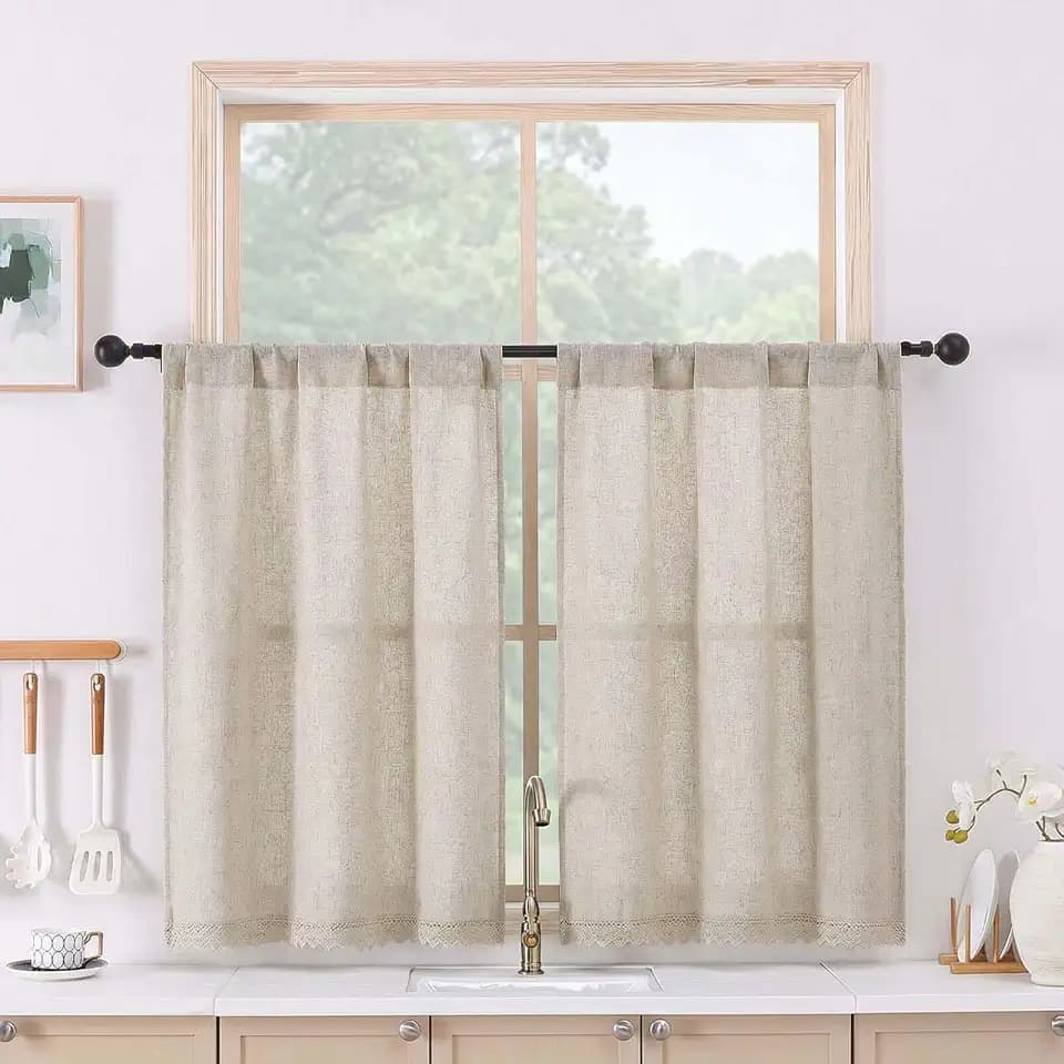 Chyhomenyc Lace Short Kitchen Curtains 36 Inch Length - Light Filtering Faux Linen Living Room Half Window Curtains, Farmhouse Vintage Boho Curtain for Bathroom Cabinet, 26Wx36L, 2 Pieces, Linen Color