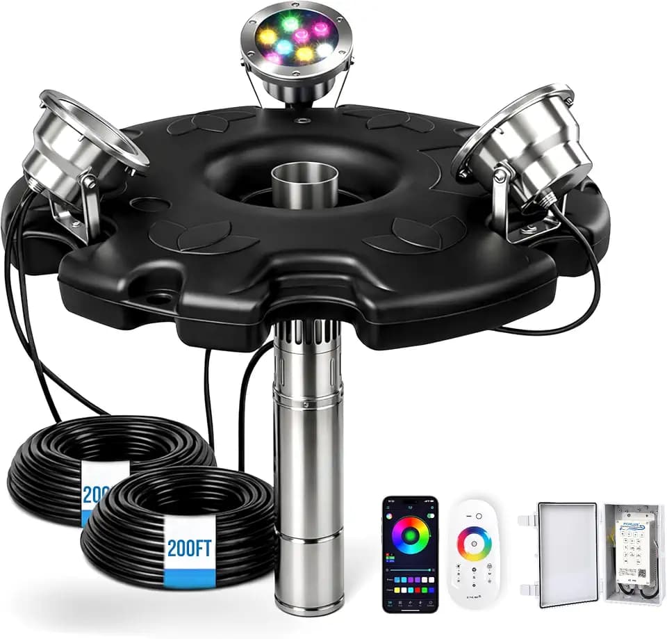 2HP Pond Fountain Aerator with 3 RGB LED Lights, 120V 30000 GPH Floating Water Pump, Automatic Aerating Pump for Large Ponds, Lakes, and Outdoor Water Features, with Controller, APP & Remote Control