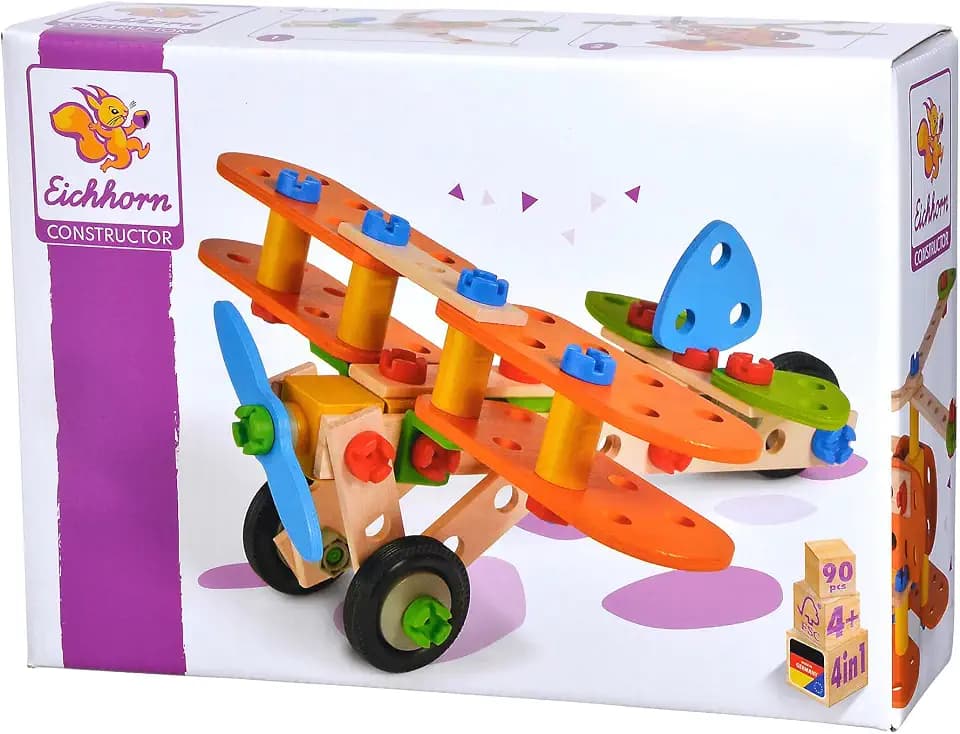 Eichhorn - 100039031 - Constructor Doppeldecker, 85-teilig, Holzspielzeug-Konstruktionsset, 4 Verschiedene Modelvarianten baubar, Holzbaukasten, Motorikspielzeug ab 3 Jahren