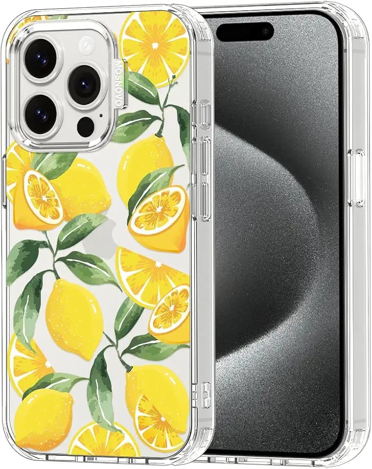 MOSNOVO Case for iPhone 15 Pro, [Buffertech 6.6ft Military-Grade Drop Protection] [Anti Peel Off Tech] Clear TPU Bumper Phone Case Cover Design - Lemon