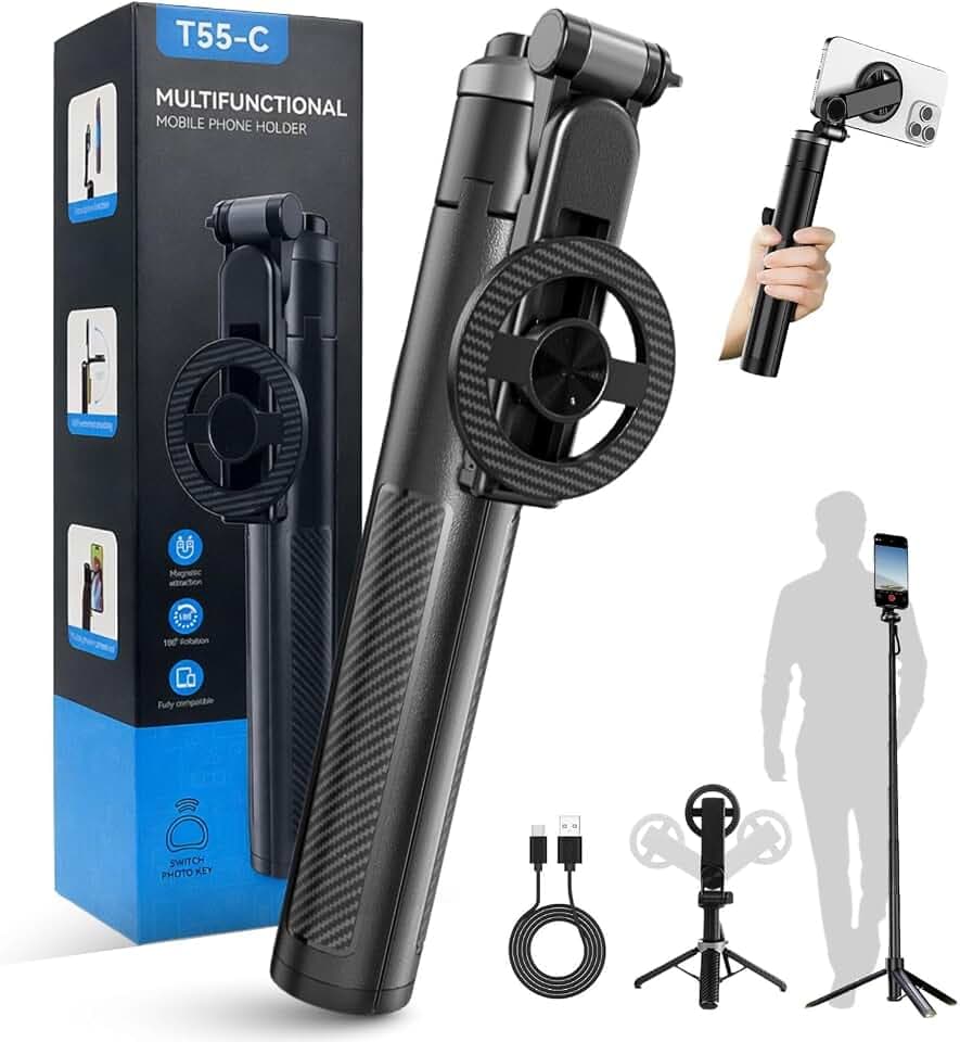 63'' Magnetic Phone Tripod Selfie Stick for iPhone, Aluminum Travel Cell Phone Tripod Stand with Strong Snap-On Holder & Rechargeable Remote for Video Recording, Vlogging & Content Creation