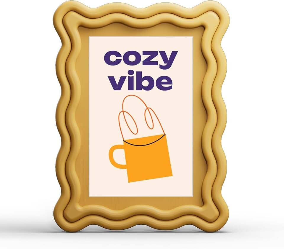 YESKAY 5x7 Picture Frame with Mat for 4x6,Cute Wavy Edge Photo Frame with Real Glass,Wooden Scalloped Frame for Tabletop or Wall Hanging,Yellow,1 Pack