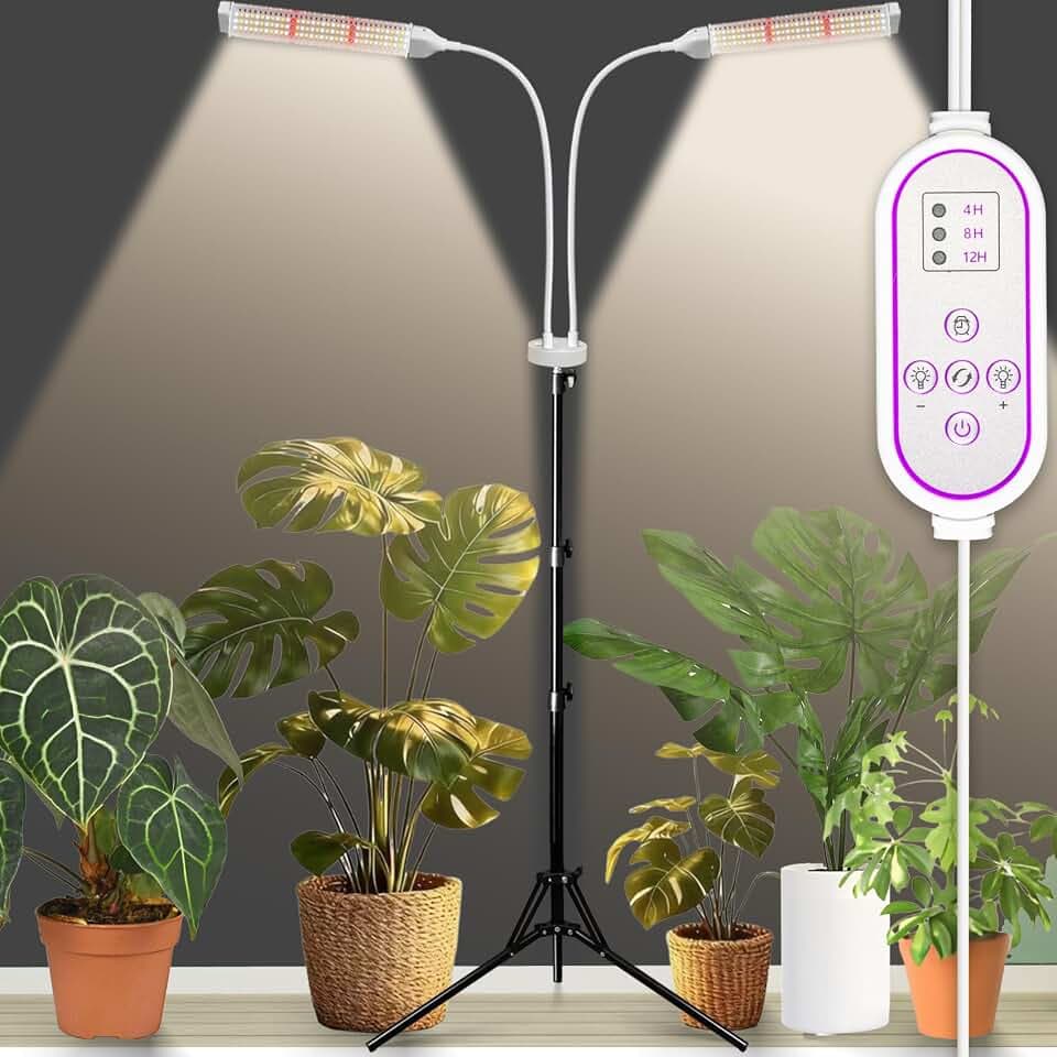 Pflanzenlampen LED Vollspektrum, Pflanzenleuchte Pflanzenlicht mit Ständer Pflanzen LED Wachstumslampe für Pflanzen mit Zeitschaltuhr 3 Farbmodi 10 Lichtstärken (2 Köpfe)