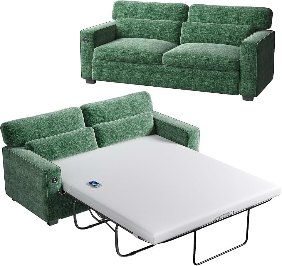 Marsail Pull Out Sofa Bed, Queen Size Sleeper Sofa with Memory Foam Mattress, 2-in-1 Convertible Chenille Couch Bed with 2 USB Charging and Removable Covers, Loveseat for Living Room, Apartment, Green