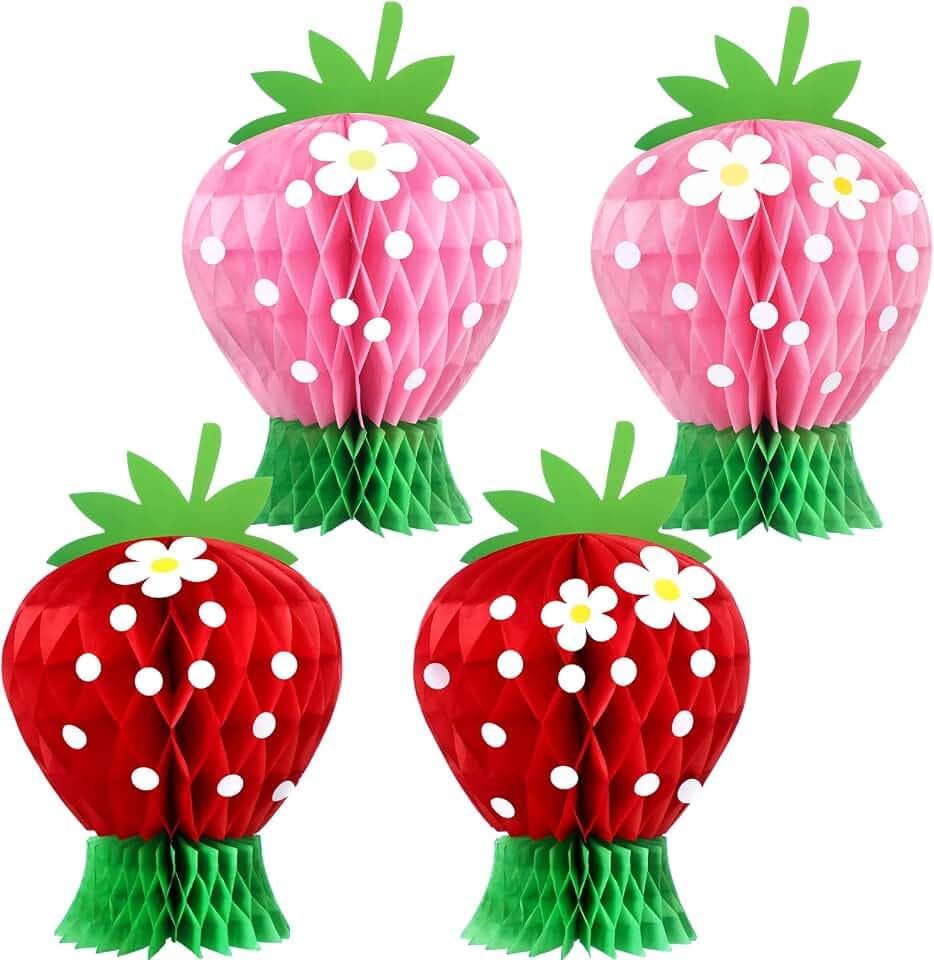 Amyhill 4 Pcs Strawberry Party Decorations Large Strawberry Honeycomb Centerpieces 3D Berry First Table Decor Fruits Paper Honeycomb Decorations for Birthday Summer Shower Party Favor (Pink Red)