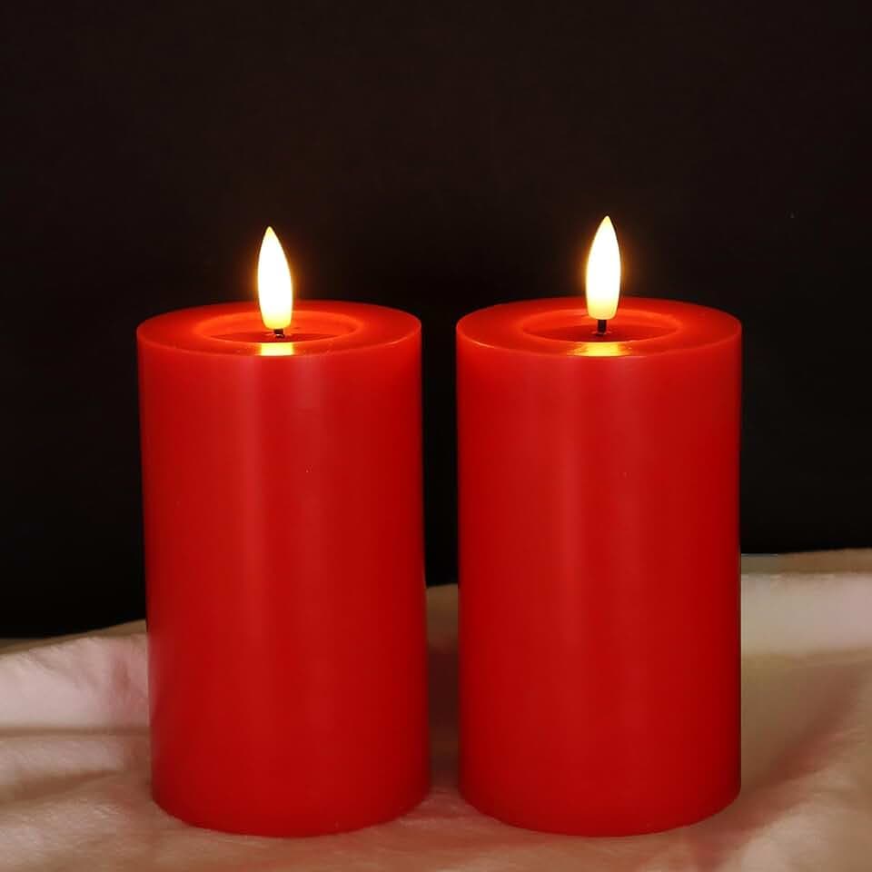 2er Set Flackernde Flammenlose LED Kerzen mit Timer für Innen, 12,5 cm Batteriebetriebene LED Echtwachskerzen, Realistische Stumpenkerze mit 3D-Dochtlich, Rot