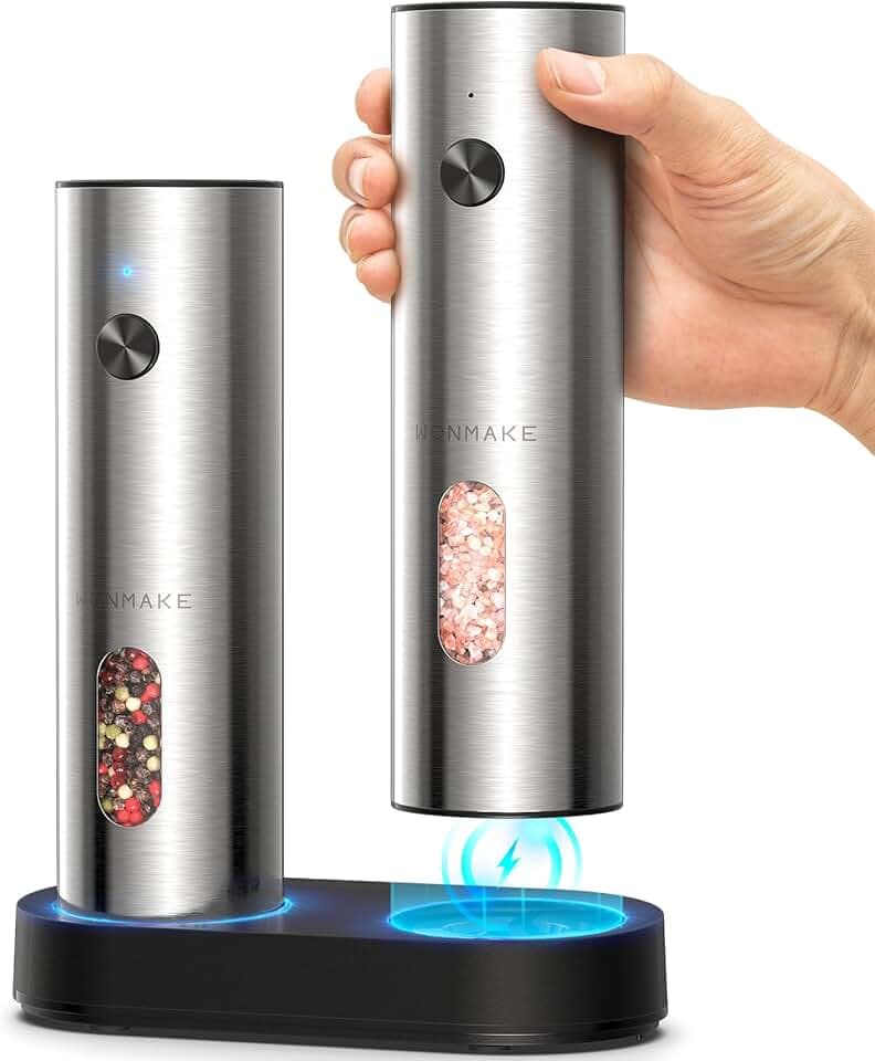 WONMAKE Salz und Pfeffermühle Elektrisch, Elektrische Pfeffermühle Mühle Set Edelstahl mit USB-C Dual Ladestation/110ML Große Kapazität/5 Einstellbarer Mahlgrad/LED-Beleuchtung, ideal Gift für Mama