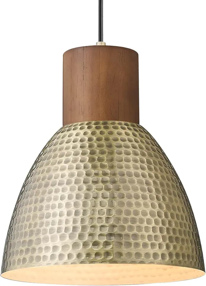 ELYONA Hammered Pendant Light Fixtures, 10.2" Vintage Metal Solid Wood Hanging Bar Lamp, Mid Century Antique Gold Pendant Lights for Kitchen Island, Farmhouse, Dining Room, Brushed Brass