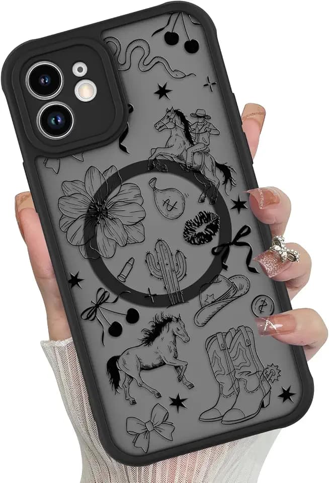 Magnetic Case Designed for iPhone 12,Black Western Cowboy Floral