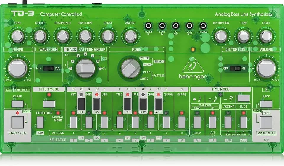 Behringer TD-3-LM Analoger Basslinien-Synthesizer mit VCO, VCF, 16-Stufen-Sequenzer, Verzerrungseffekte und 16-Sprach-Polykette, kompatibel mit PC und Mac