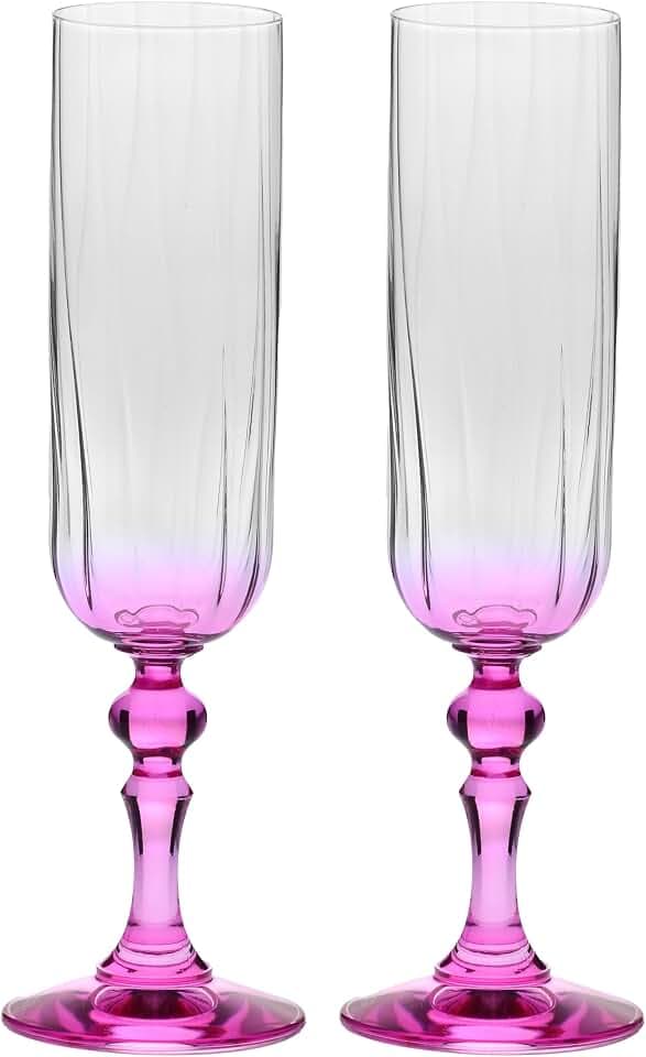 Krosno Champagner Gläser 2er Set, 220 ml, Rosafarbener Stiel, Bubble