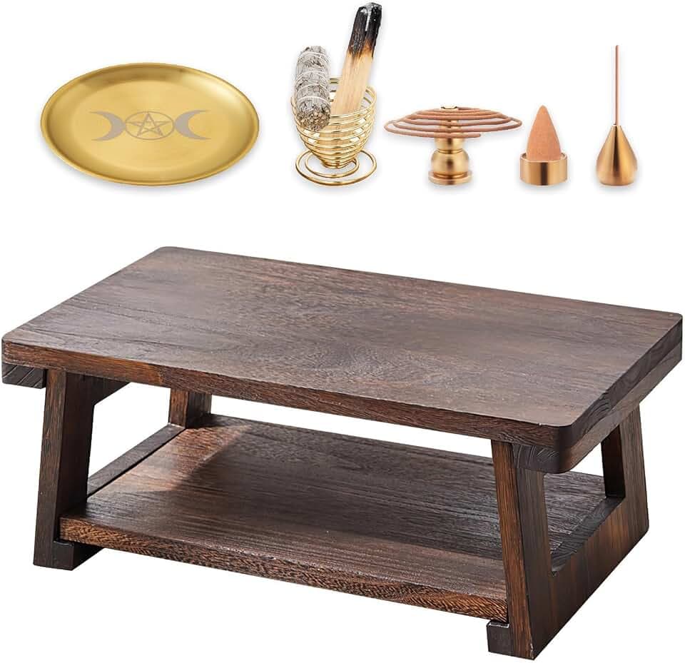 Altar Table for Spiritual,Folding Meditation Tables for Dining & Puja,Japanese Low Coffee Table for Sitting on the Floor (19.6x11.8x7.8 in, with Incense Burner 5Pcs Set)