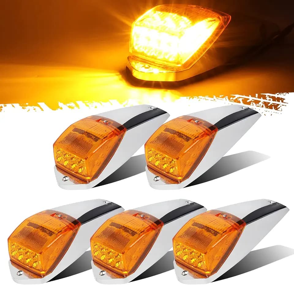 Partsam 5PCS Truck Cab Marker Light 17 LED Amber Top Roof Running Lights w/Chrome Base Truck Trailer Light Replacement for Peterbilt/Kenworth/Freightliner//Mack/Autocar Hayes,DOT Compliant