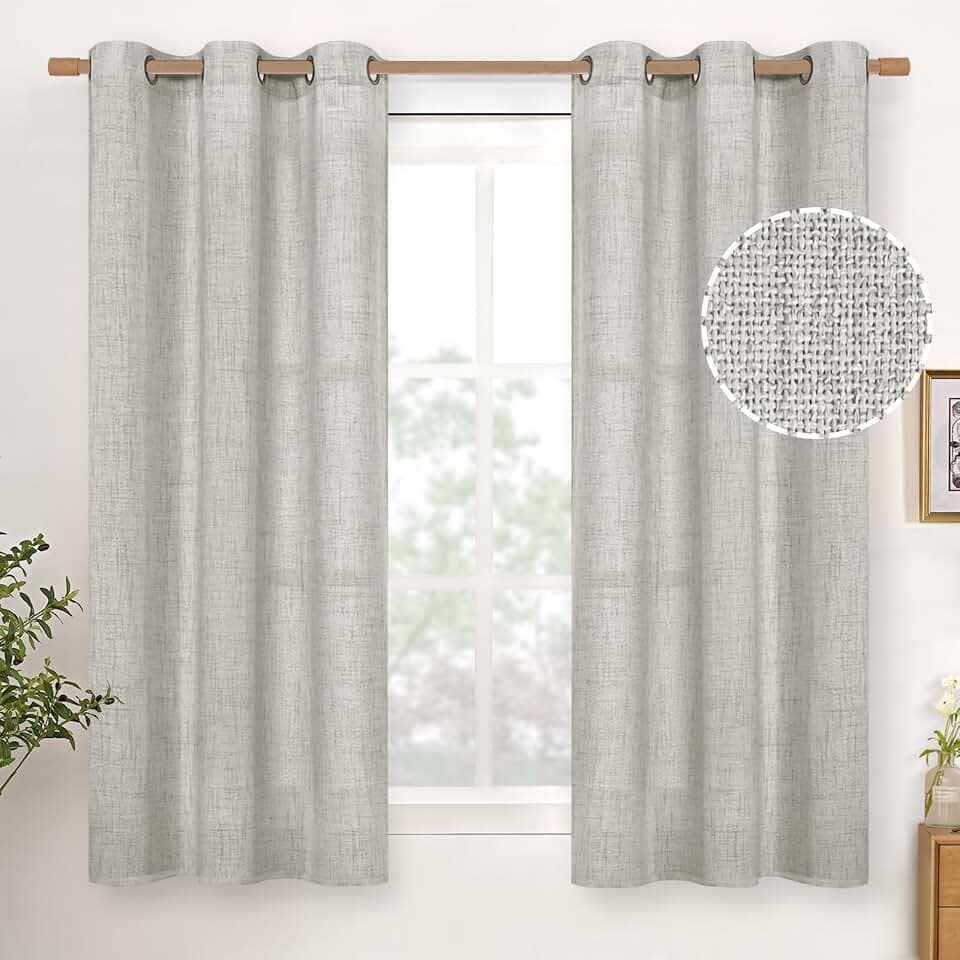 YoungsTex Light Grey Linen Semi Sheer Curtains 45 Inch Length 2 Panels