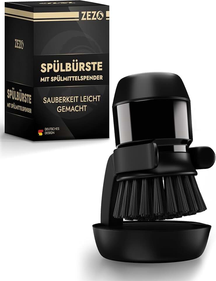 Spülbürste mit Spülmittelspender - Multifunktionale Reinigungsbürste zum Drücken - Schwarze Küchenbürste und Geschirrbürste für effektives Reinigen - Handflächenbürste für Geschirr, Töpfe