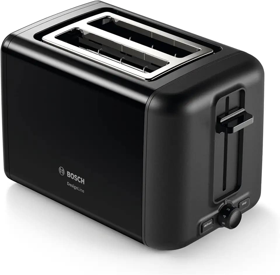 Bosch Kompakt Toaster DesignLine TAT3P423DE, Integrierter Edelstahl-Brötchenaufsatz, Mit Abschaltautomatik, Mit Auftaufunktion, Perfekt Für 2 Scheiben Toast, Liftfunktion, Breit, 970 W, Schwarz