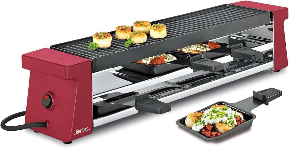 Spring Raclette Grill 4 Personen COMPACT, rot, Tischgrill elektrisch, Antihaftbeschichtete Alu-Grillplatte, 4 Raclette Pfännchen & Spatel, Abstellebene, 54,0×10,5×11,5cm, 650W