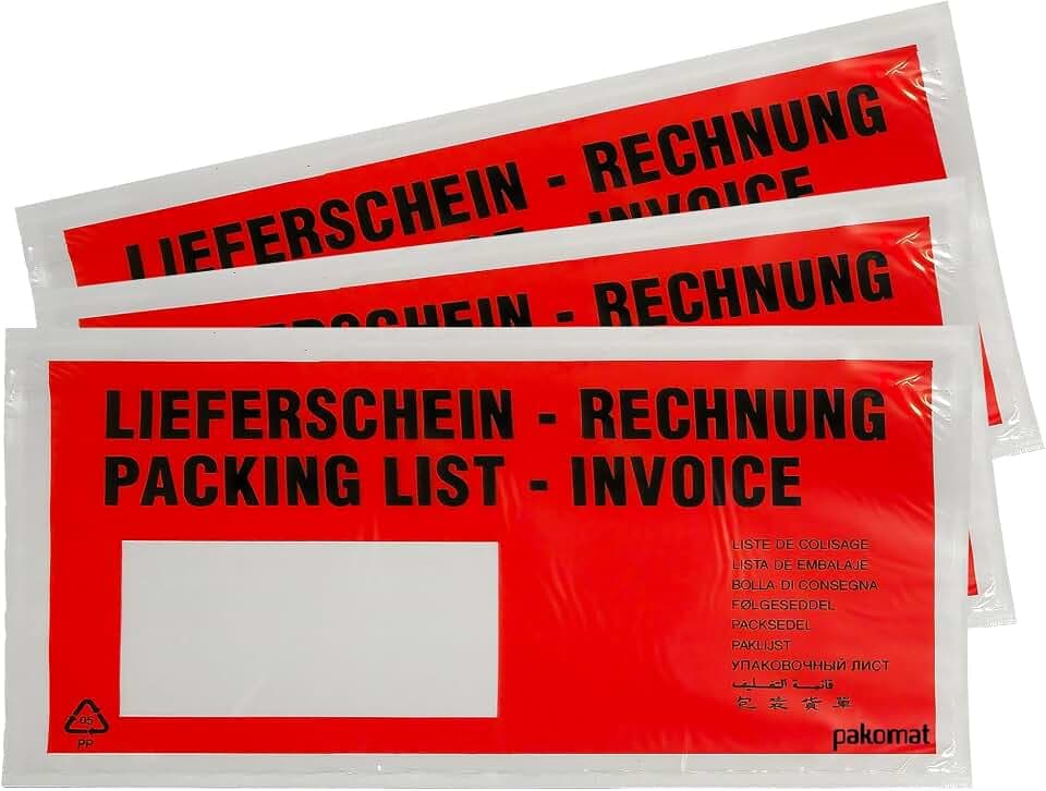 PAKOMAT Lieferscheintaschen DIN DL lang selbstklebend Dokumententaschen Begleitpapiertaschen rot-schwarz bedruckt LieferscheinRechnung (500)