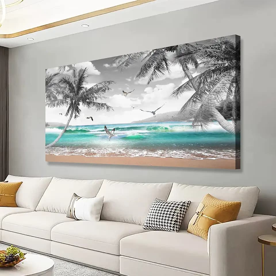 Beach Palm Pictures Canvas Wall Art For Living Room Bedroom Wall Decor,Sea Wave Wall Art Print Paitnings For Home Decor,Morden Artwork Coconut Tree Canvas Art Ready To Hang-28x57 Inches