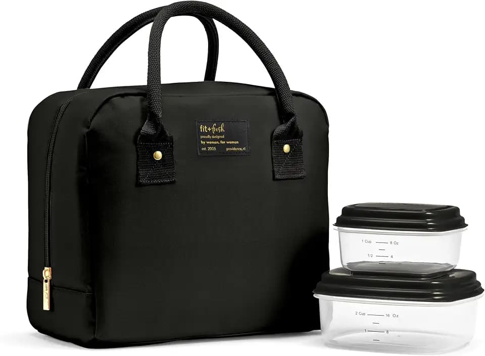 Fit & Fresh Bloomington Lunch Bag for Women - Insulated Large Lunch Box for Work with Containers, Leak-Resistant, Stain-Resistant, Zipper Closure, Black