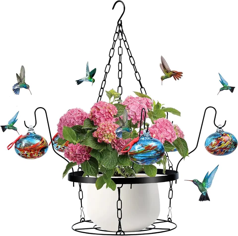 Hand Blown Glass Hummingbird Feeders for Outdoors with Hanging Planter(11 inch),Metal Hanging Plant Holder and Glass Hummingbird Feeder 2-in-1(POTS NOT Included)