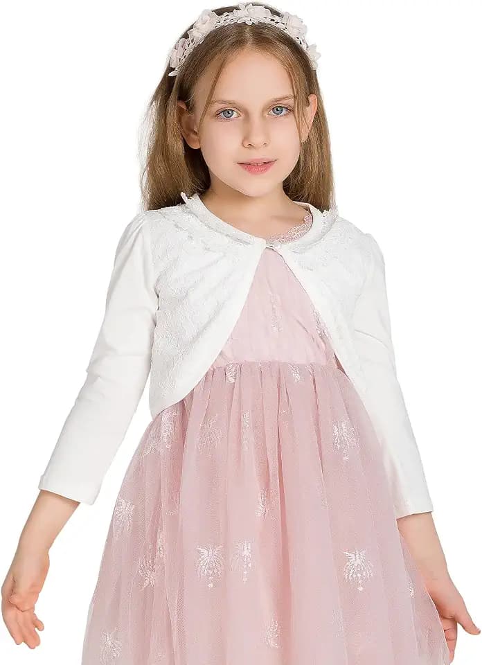 Adorel Mädchen Bolero Jäckchen mit Spitze Langarm Elfenbein Weiß 2-3 Jahre (Herstellergröße 100)