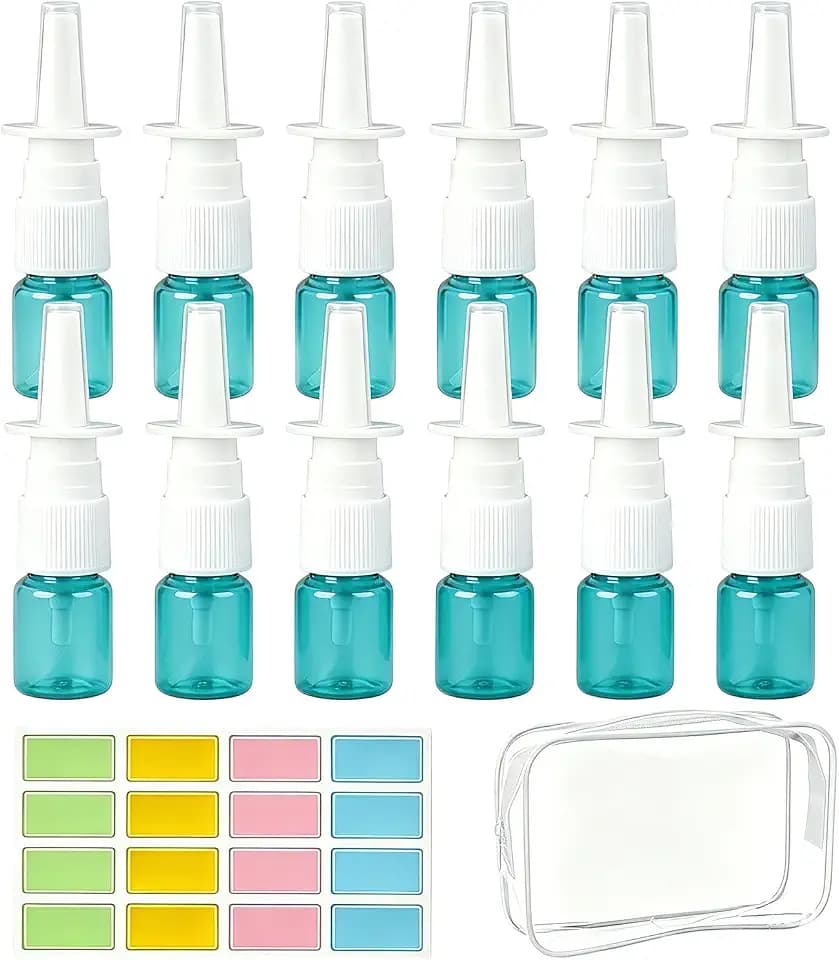 12 Pcs 10ml/0.34oz Empty Green Nasal Spray Bottles, Plastic Refillable Fine Mist Sprayers with Labels & Storage Bag, Travel Size Containers for Cosmetics & Perfume