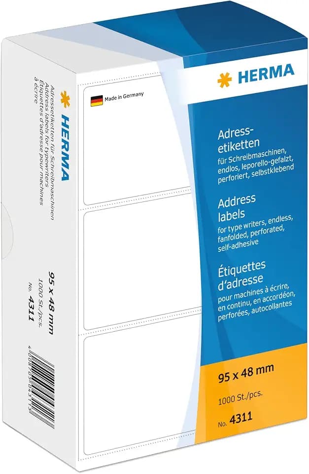 HERMA 4311 Adressetiketten für Schreibmaschinen, endlos, 95 x 48 mm, 1000 Stück, selbstklebend, matt, leporello-gefalzt, blanko Papier Adressaufkleber Klebeetiketten Aufkleber, weiß
