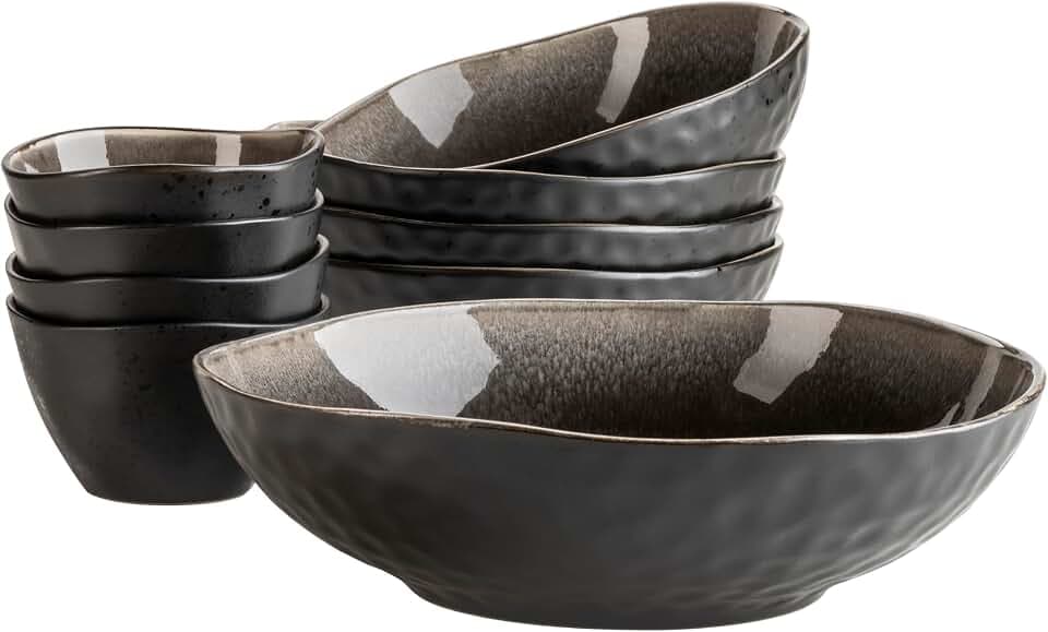 MÄSER 934072 Serie Niara Organic, modernes Schüsselset für 4 Personen in aufregendem Vintage Look, 9-teiliges Schalen Set mit besonderer Glasurkombination in Schwarz und Braun, Steinzeug