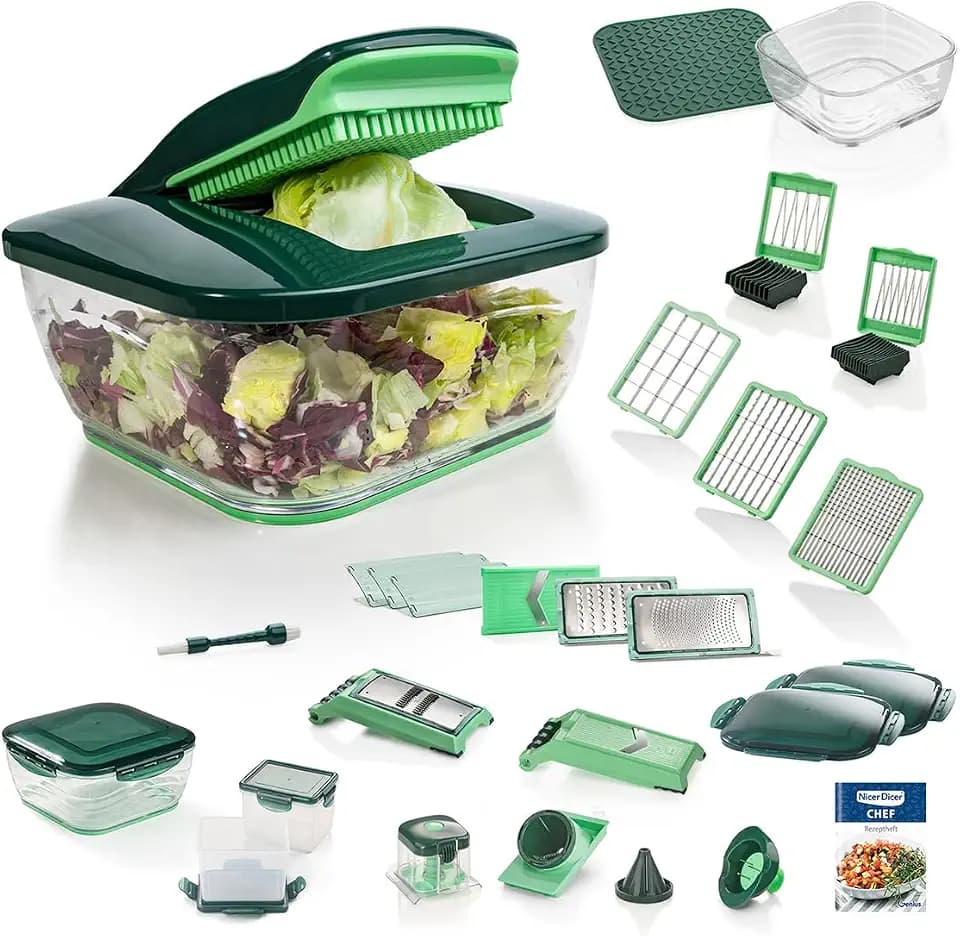 Genius Nicer Dicer Chef 34-in-1 Multifunktions-Profi-Gemüseschneider mit Glasschale und Tomatenschneider | Teigwaren, Scheiben, Streifen, Spiralen, Julienne