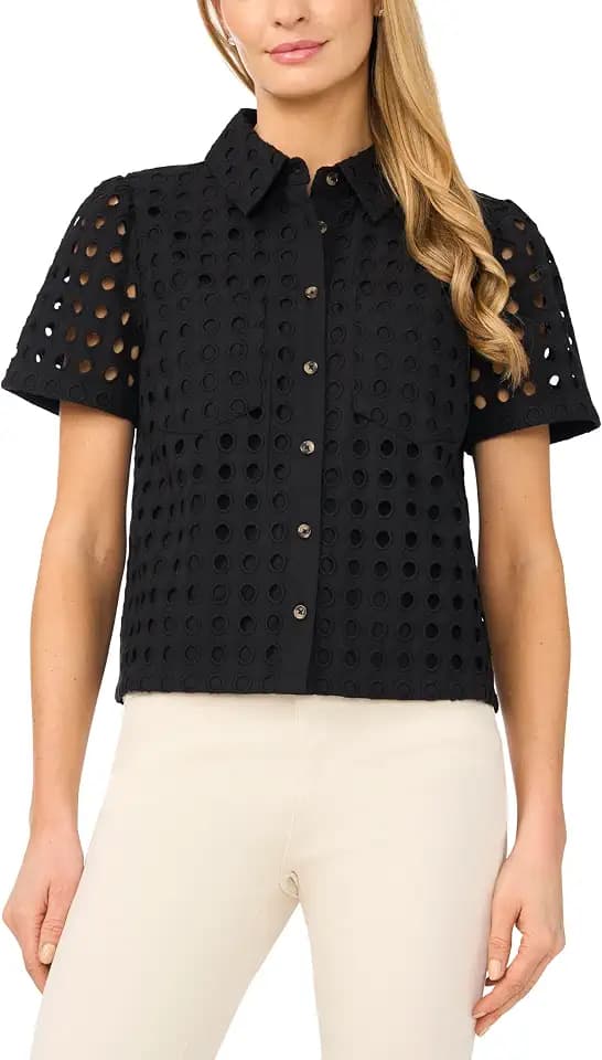 Short Sleeve Eyelet Button Down Top
