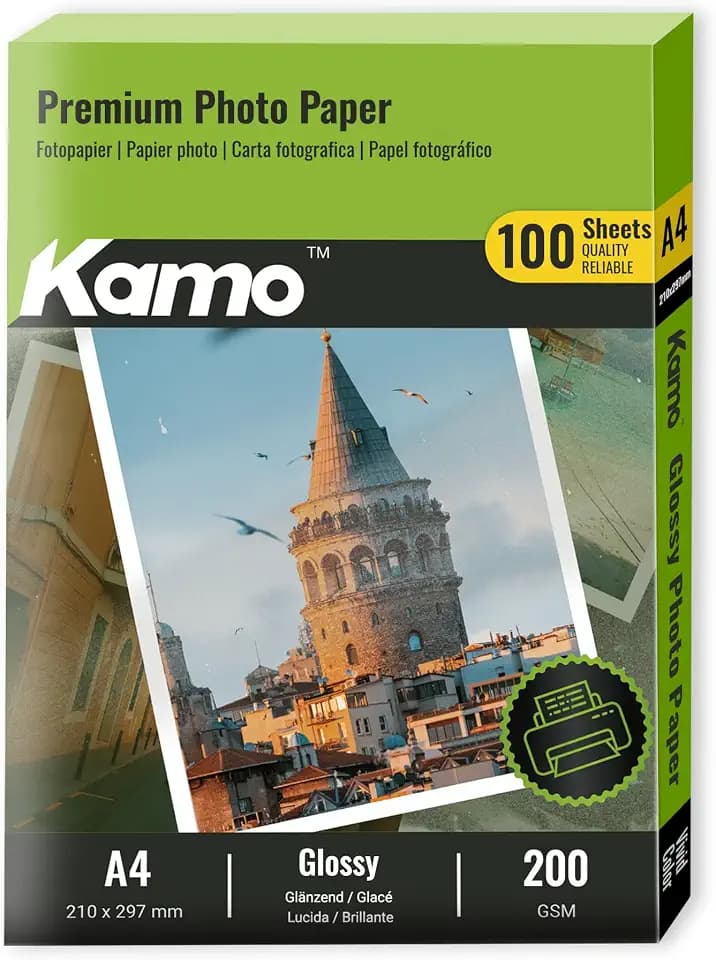 Kamo Inkjet Hochglänzend Fotopapier, DIN A4, 200g/m², 100 Blatt, Ideal für Fotos, Poster & DIY, Kompatibel mit Canon HP Epson Tintenstrahldrucker