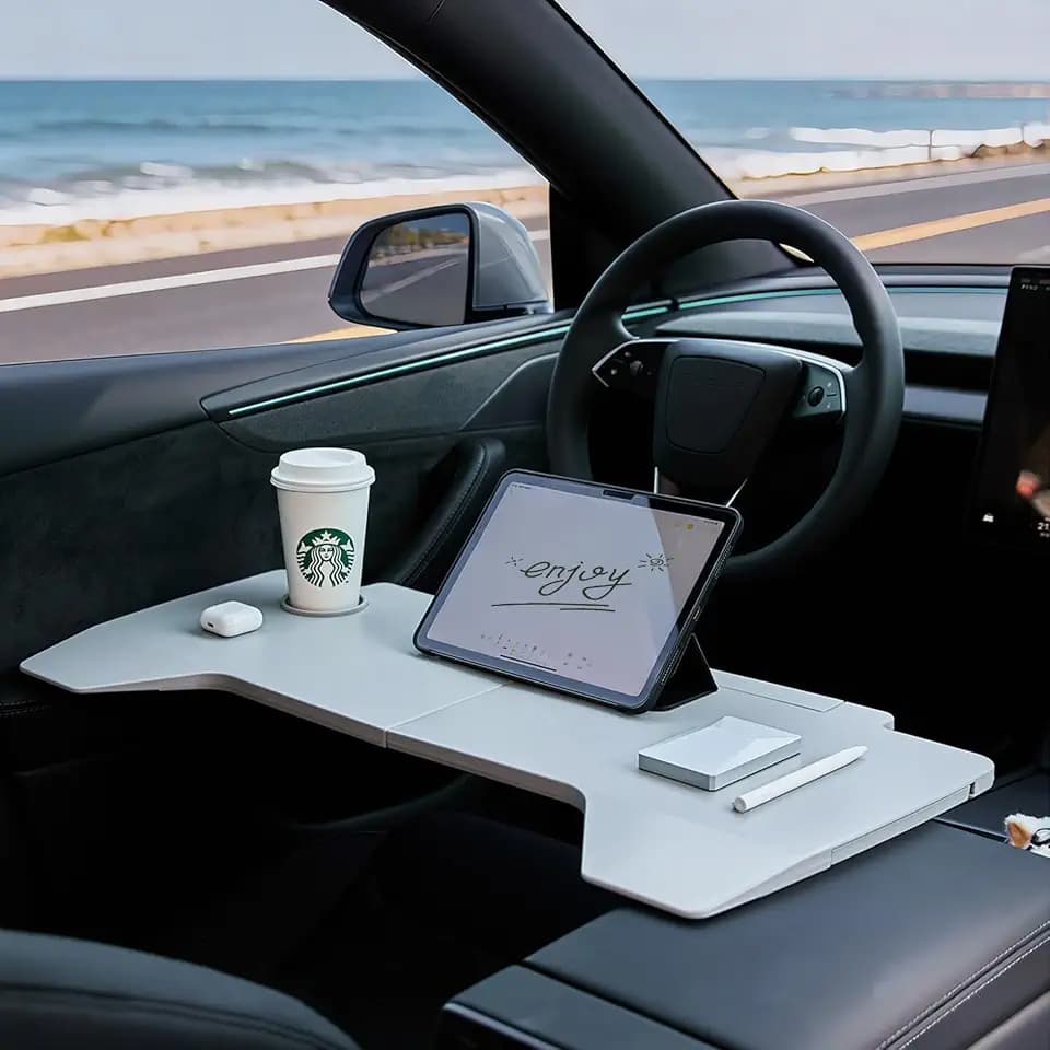 Foldable Desk Food Tray for Tesla Model Y/3/Y Juniper – Upgraded Table Tray for Tesla with Support Leg, Portable Laptop Desk for Front Passengers, Ideal for Dining, Working, Makeup While Parking