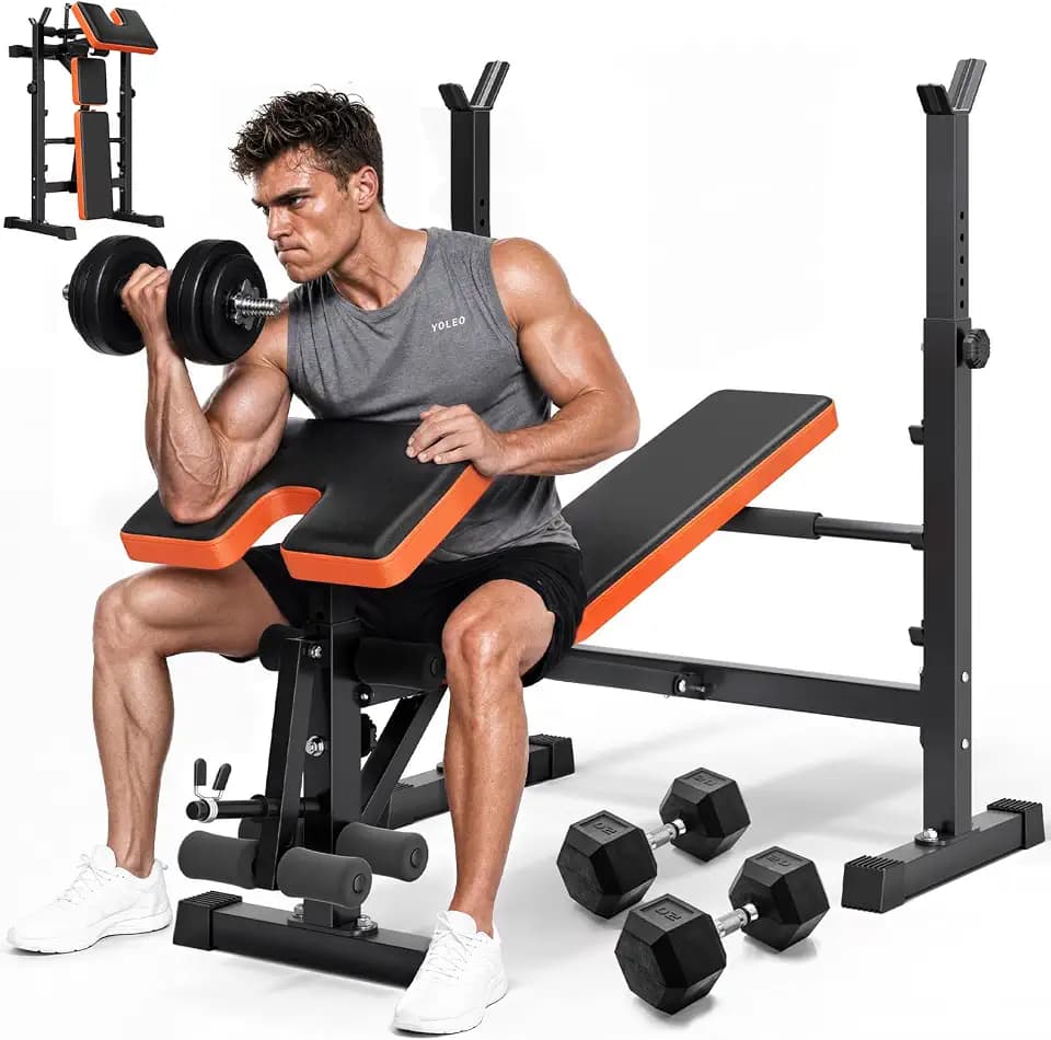 YOLEO 6-in-1 Weight Bench Set, 880LBS Adjustable Bench with Rack & Curl Pad