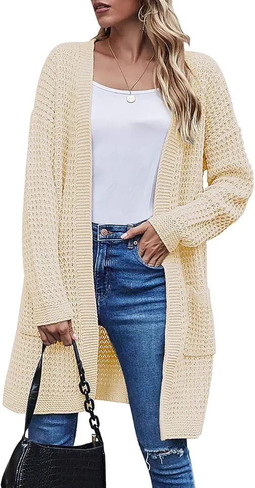 TARSE Womens Long Cardigans Waffle Oversized Open Front Knit Sweater with Pockets (04-Apricot-Normal Sleeves, M)
