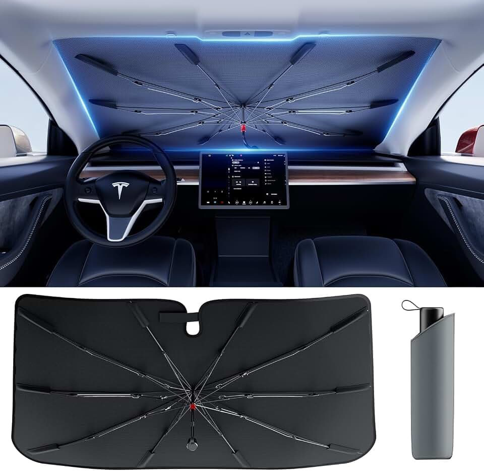 DMJN Umbrella Windshield Sun Shade for Tesla New Model Y Juniper, Y & 3 (2016-2026), Car Sunshade for Front Windshield [Nano Ice-Crystal Coatings] UPF50+ Heat & UV Block, Protect Interior & Keep Cool