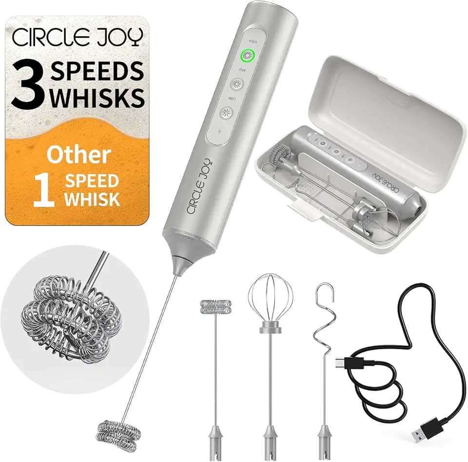 CIRCLE JOY Rechargeable Handheld Milk Frother Wand with 3 Variable Speeds, 3 Whisks and Storage Box, Electric Drink Mixer for Latte, Cappuccino, Hot Chocolate, Eggs and Protein Powder, Silver