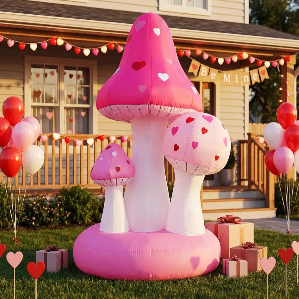 6FT Valentines Day Inflatables Pink Mushroom with Heart LED Blow Up Inflatable Decorations Romantic Outdoor Decoration for Anniversary Wedding Party Indoor Yard Decor